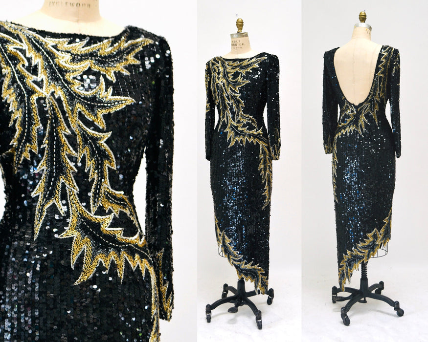 90s Vintage Black Beaded Sequin Party Dress Small Medium// 80s 90s Pageant Formal Black beaded Dress long sleeves Small Silk LIllie Rubin