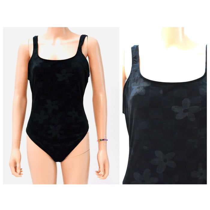 90s Vintage Black Velvet Swim Suit Black One Piece Black Velvet High cut swimsuit Size Medium Large by Sessa Flower Embossed Velvet Swimsuit
