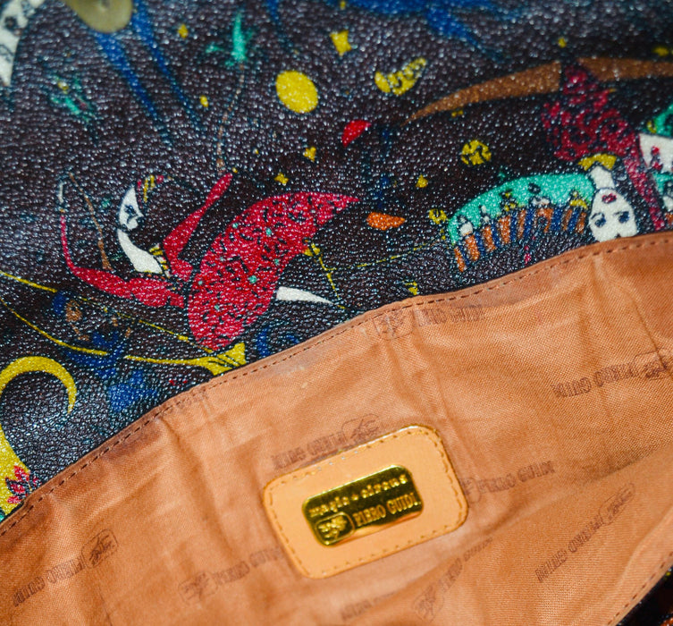 Vintage Piero Guidi Magic Circus Bag Clutch Bag Purse Made In Italy Vintage Coated Canvas Bag Brown Leather Bag Envelope Clutch Bag 70s