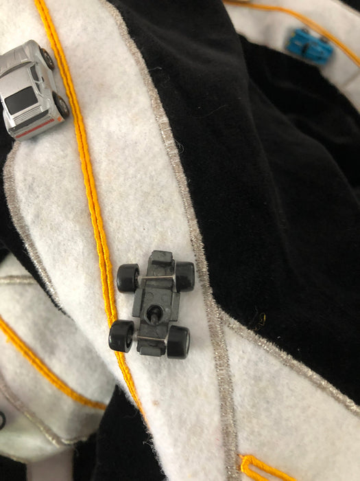 80s 90s Vintage Jacket by Bonnie Boerer Black Bomber Race Track Toy Cars// Vintage Black Jacket with Race Cars Indy 500 Grand Prix Toy Cars