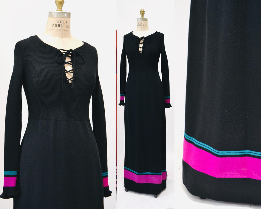 70s Vintage Black Sweater Maxi Dress Lace up Tie Dress // 70s vintage Black long Dress Vintage Black Maxi Long Sleeve Dress ruffle sleeves