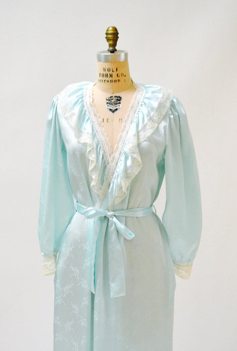 80s Vintage Blue Satin Robe Nightgown Blue lace Wedding Honeymoon Lingerie// Vintage Robe Lingerie Something Blue Large by Carole Hochman