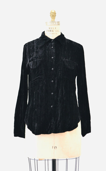 70s 80s Black Velvet Shirt Crushed Velvet Button Down Shirt Size Small Medium// Vintage Black Velvet Shirt Small medium Button Down