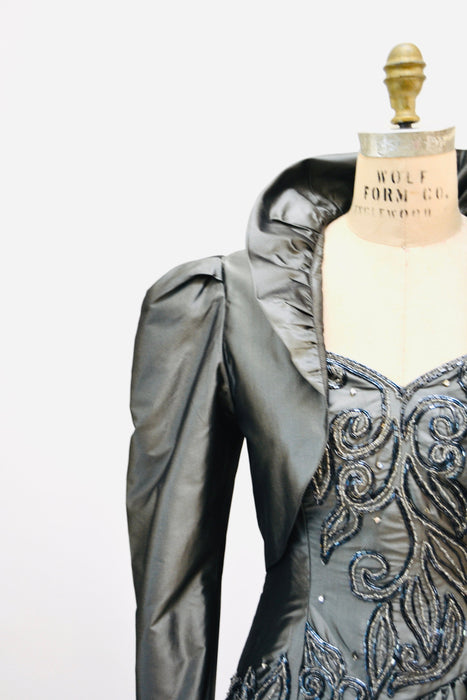80s 90s Vintage Gray Silk Party Dress And Ruffle Jacket Beaded Rhinestone 90s Cocktail Dress Jacket Small Medium By Mary Jane Denzer