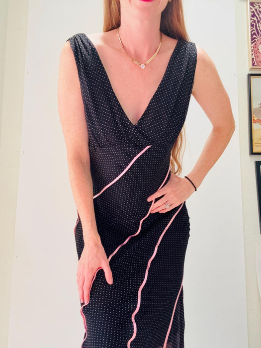 Vintage 00s Y2K Bias Cut Silk Dress Black Pink Dress polka dot Chiffon Tank Dress Medium Large// 90s Black Tank Slip Party Dress Medium