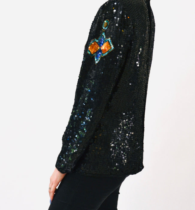 Vintage Metallic Black Sequin Shirt Art Deco Flapper Disco Medium Large// Vintage Black Sequin Shirt Top Long Sleeves Scala 80s 90s Party