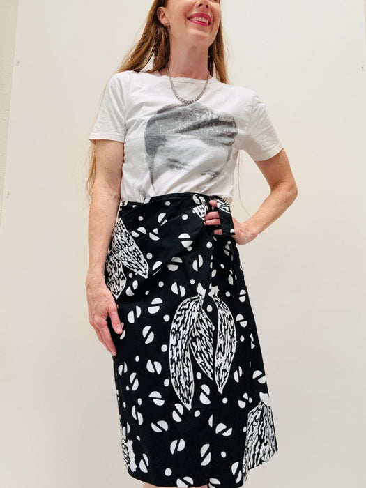 80s Vintage Banana Print BLack Wrap Skirt Medium Cotton Black Wrap Summer Tropical Beach Cruise Party skirt Black White polka dot