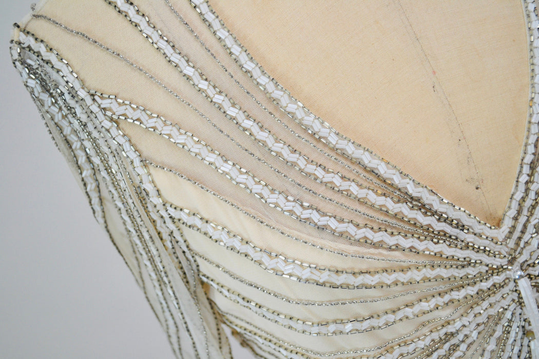 80s 90s Vintage Silver White Cream Beaded Gown Dress Medium Large By Bob Mackie Silk// Vintage Wedding Gown Beaded Fringe Art Deco Gown