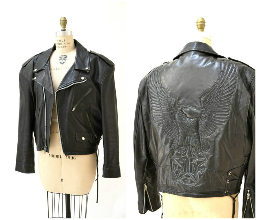 Vintage Black Leather Jacket  Motorcycle Biker Jacket with Eagle Bird Large XL// Vintage Black Leather Biker Jacket Jeff Hamilton JH Leather