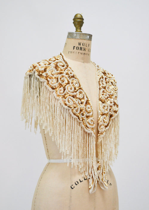 Vintage Gold Pearl White Cream Beaded Sequin Shawl Wrap Burlesque Wedding Flapper Gold Metallic Beaded Wedding Vintage Fringe Collar Shawl