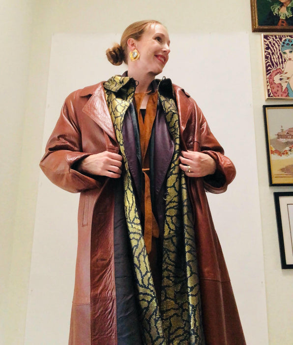 Vintage Brown Leather Jacket Trench Coat Long Leather Jacket Coat Medium Large// 80s 90s Brown Leather Jacket Coat Long Brown Leather jacket