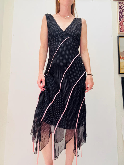 Vintage 00s Y2K Bias Cut Silk Dress Black Pink Dress polka dot Chiffon Tank Dress Medium Large// 90s Black Tank Slip Party Dress Medium