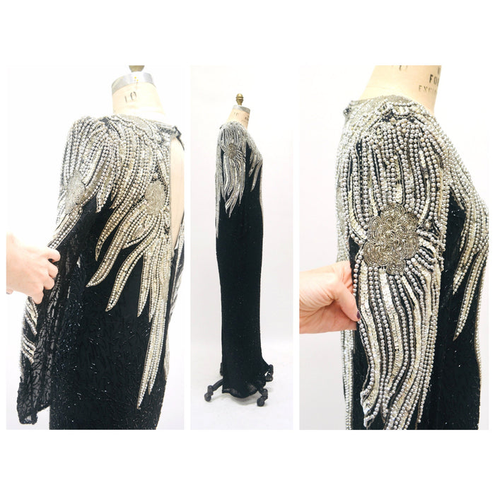 70s 80s GLAM Vintage Black Silver Beaded Sequin Evening Gown Small Medium // 80s 90s Pageant Drag Queen Black beaded Dress Gown Small Medium