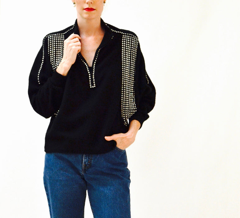 80s 90s Vintage Black Rhinestone Sweater Jumper Medium Pull over 80s Glam Rhinestone Diamond Sweater Dolman Sleeves Pull over Small Medium