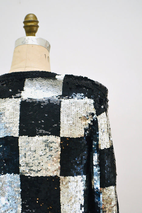 Vintage Sequin Jacket Black Silver Metallic Checker Plaid Small Medium// Vintage Sequin Jacket Blazer Silver Black Checkered Sequin Glam