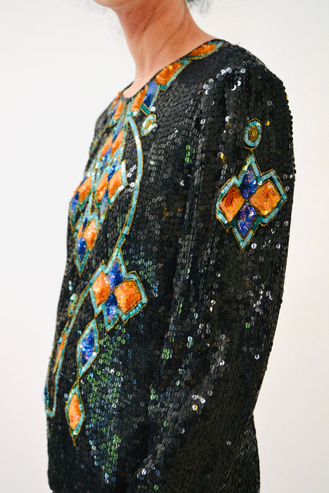 Vintage Metallic Black Sequin Shirt Art Deco Flapper Disco Medium Large// Vintage Black Sequin Shirt Top Long Sleeves Scala 80s 90s Party