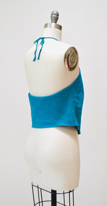 2000s Y2k Vintage Blue Leather Halter Neck Crop Top Blue Turquoise Leather Party Top Y2k Party Club Top by Laundry Halter leather top Small