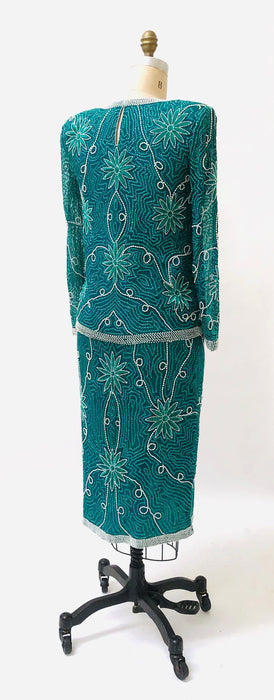 80s 90s Vintage Sequin Top Skirt Dress Set Beaded Skirt Top Dress Medium Blue Green Teal  80s 90s Party Dynasty Flapper Costume
