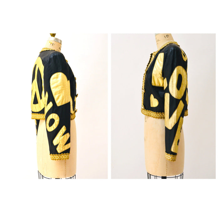 90s Vintage Moschino Peace LOVE NOW Leather Jacket Vintage Black Gold Metallic Leather Heart Jacket by Moschino Leather Medium
