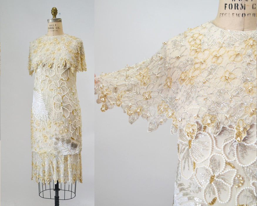 80s 90s Vintage White Beaded Party Dress Dress Small // Vintage Cocktail Wedding Dress White Beaded Flapper White Beaded Party Dress