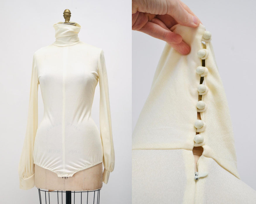 Vintage 70s off White Cream Turtle neck Bodysuit Brief Body Suit Leotard Turtle Neck long sleeve Medium//  Vintage Cream Turtleneck bodysuit
