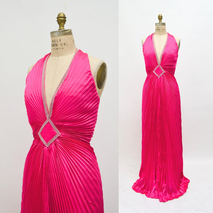 90s Vintage Pleated Halter Neck Gown Dress Pink Lillie Rubin Pleated halter dress Wedding Marilyn Monroe Barbie Dress Pink Magenta Dress