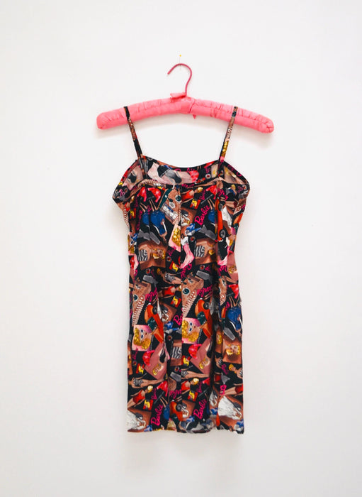 90s BARBIE Print Tank Dress Nicole Miller XS womens Girls Tween 10/12 // Vintage Barbie Doll Print Mini Cami Dress 90s Pop Art Fashion Print