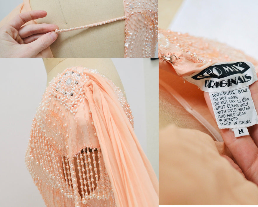 Vintage Peach Silk Beaded Sequin Evening Gown Dress Medium Large// 80s 90s Peach metallic Beaded Showgirl Fringe Dress Medium Large Sho Max