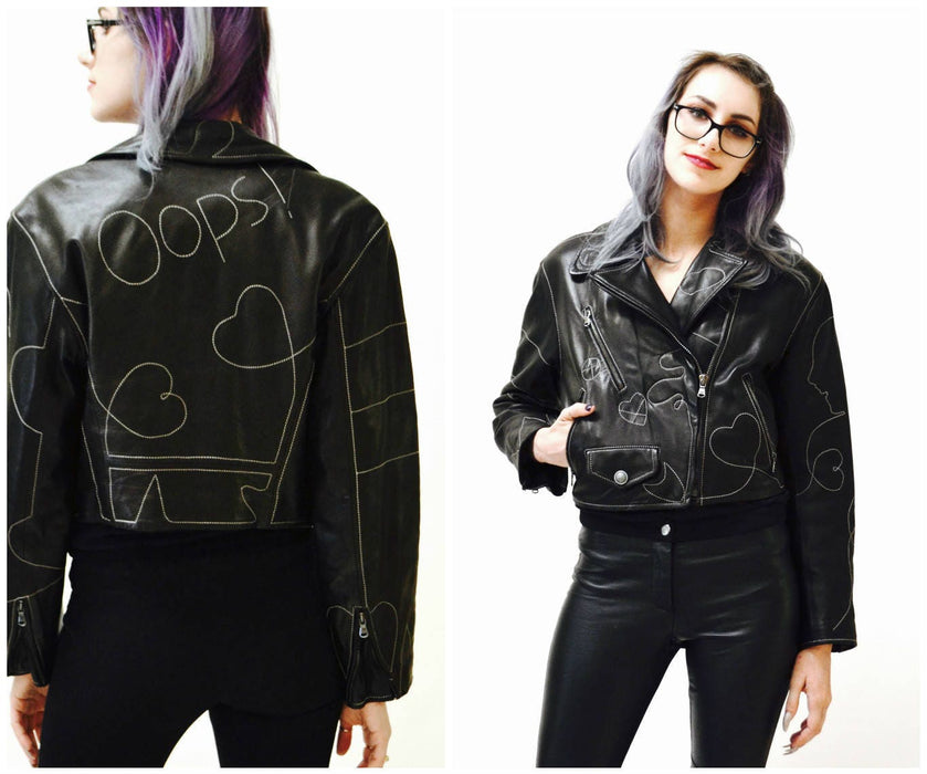 Vintage Black Leather Motorcycle Jacket by Moschino Leather Oops Heart Made in Italy// 90s Black Leather Jacket Biker Medium Large