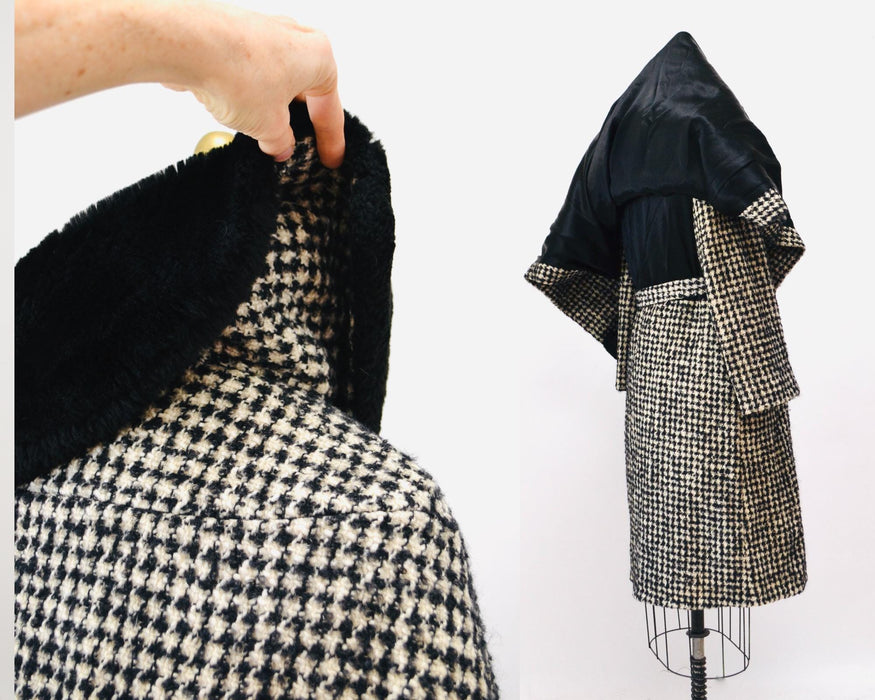 Incredible Vintage Wool Jacket Cape Black White Plaid Wool Cape Poncho Jacket Coat // Vintage Black Plaid Cape Wool Jacket Cape Faux Fur