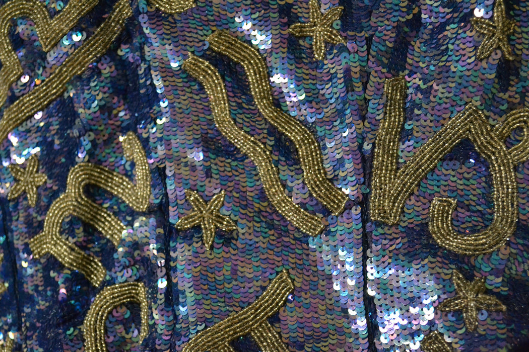 90s Sequin Leather Strapless Dress by Michael Hoban Blue Gold Small Zodiac Astrology Signs XXS XS// Metallic Leather Strapless Beaded Dress