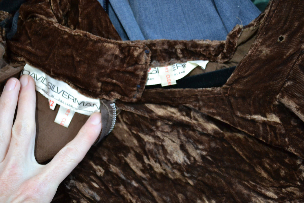 70s AMAZING Vintage Brown Crushed Velvet Fringe Top and Skirt By David Silverman Made in England Fringe 70s Festival Boho Top Skirt Dress