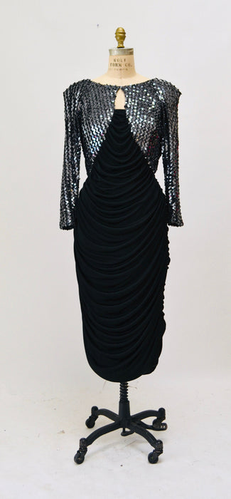 70s 80s Vintage Black Stretch Disco Sequin Dress Medium// 70s 80s Black Metallic Sequin Sexy Knit Dress 70s Disco Party Body Con Dress