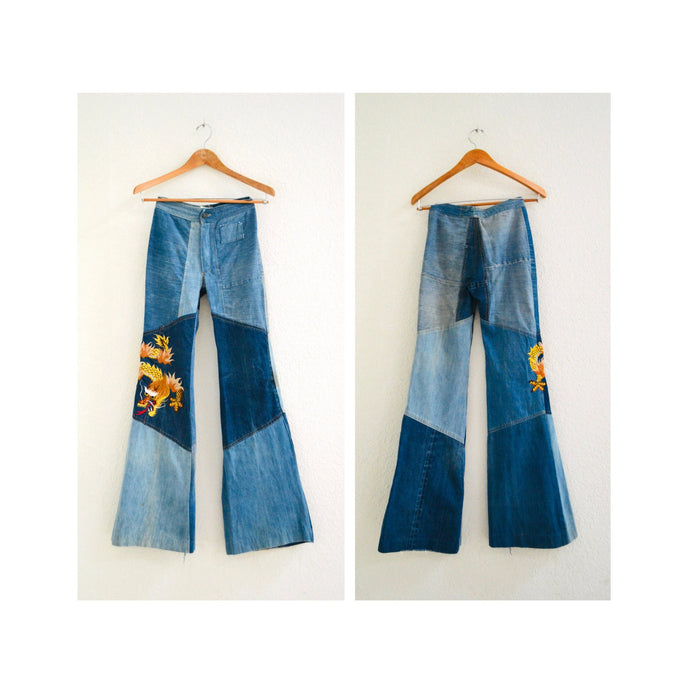 70s Authentic Vintage Patchwork Denim Shirt Bell Bottom Jeans Pants Embroidered Dragon Jeans Denim Shirt Set XS Small Paradox Bloomingdales