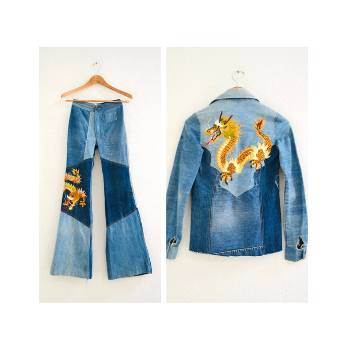 70s Authentic Vintage Patchwork Denim Shirt Bell Bottom Jeans Pants Embroidered Dragon Jeans Denim Shirt Set XS Small Paradox Bloomingdales