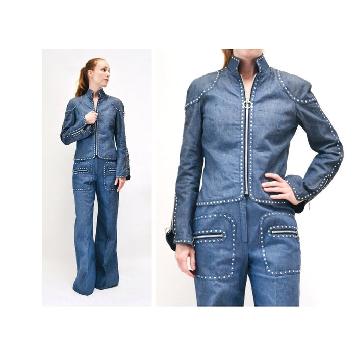 70s Authentic Vintage Rhinestone Denim Jacket shirt Bell Bottom Jeans Pants Set Medium Large by Ayako