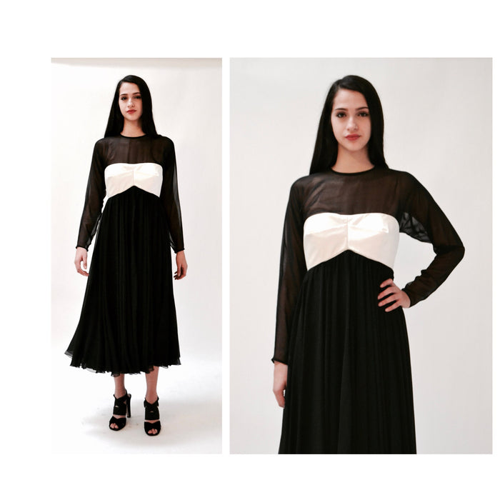 80s 90s Vintage Black white Evening Gown Dress Black White Party Dress Chiffon Long Sleeves Small Medium Empire Waistline Dress