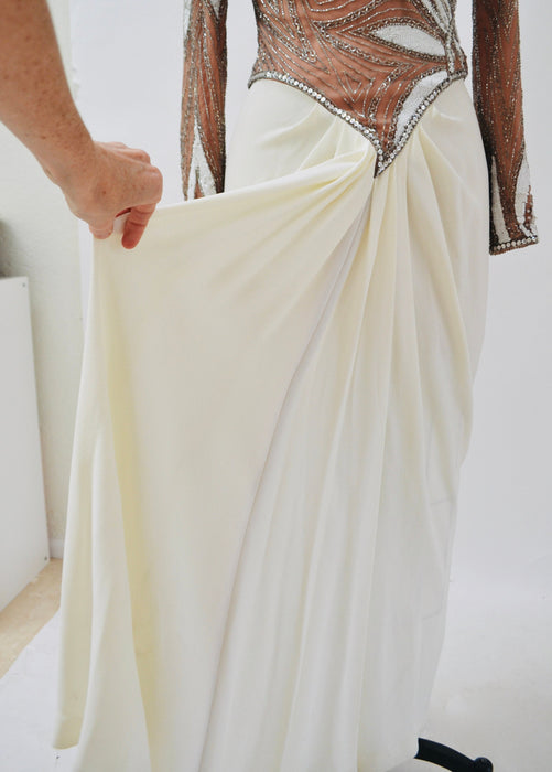 80s 90s Vintage White Cream Silver Beaded Sequin Gown Dress Small Medium Bob Mackie// Vintage Wedding Gown Beaded Long Sleeve Pageant Dress