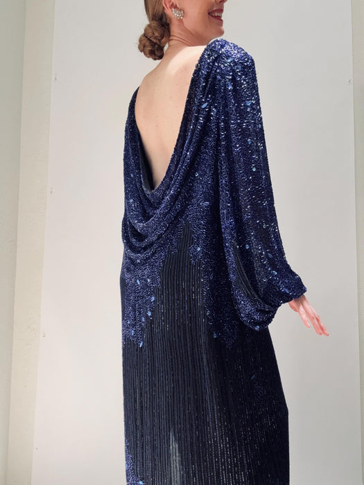 80s 90s Vintage Beaded Sequin Gown Dress Medium Large By Bob Mackie Blue Black Rhinestones Long Sleeve Blue Beaded Conservative Draped Gown