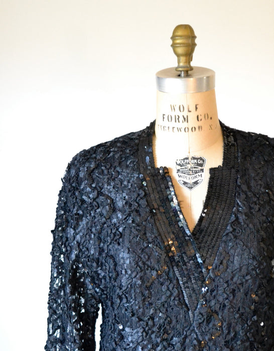 80s Vintage Black Dress Lace Sequin Dress Damianou SIze Medium Large// 80s does 20s Flapper Dress Size Large Black Party Dress Size Large