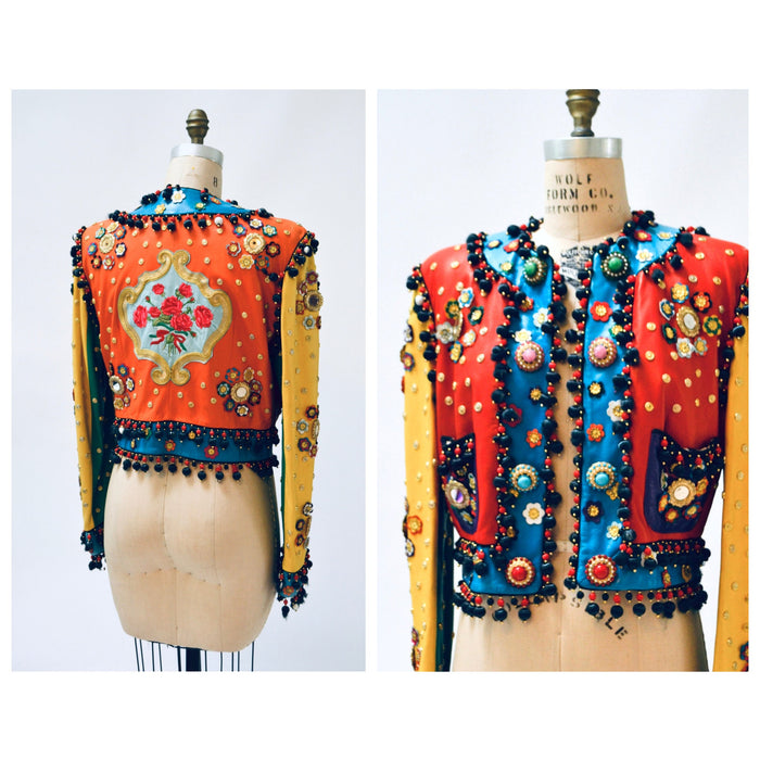 Vintage 90s Moschino Leather Jacket Gold Metallic 1991 Spring Summer Moschino Studded Leather Jacket Red Blue Green Yellow Made in ITaly