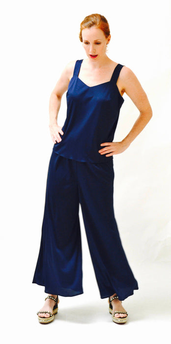 70s Vintage Wide Leg Palazzo Pants and Tank Top Cami Navy Blue Large// Vintage 70s Pantsuit Set Wide Leg Pants Knit Navy Blue