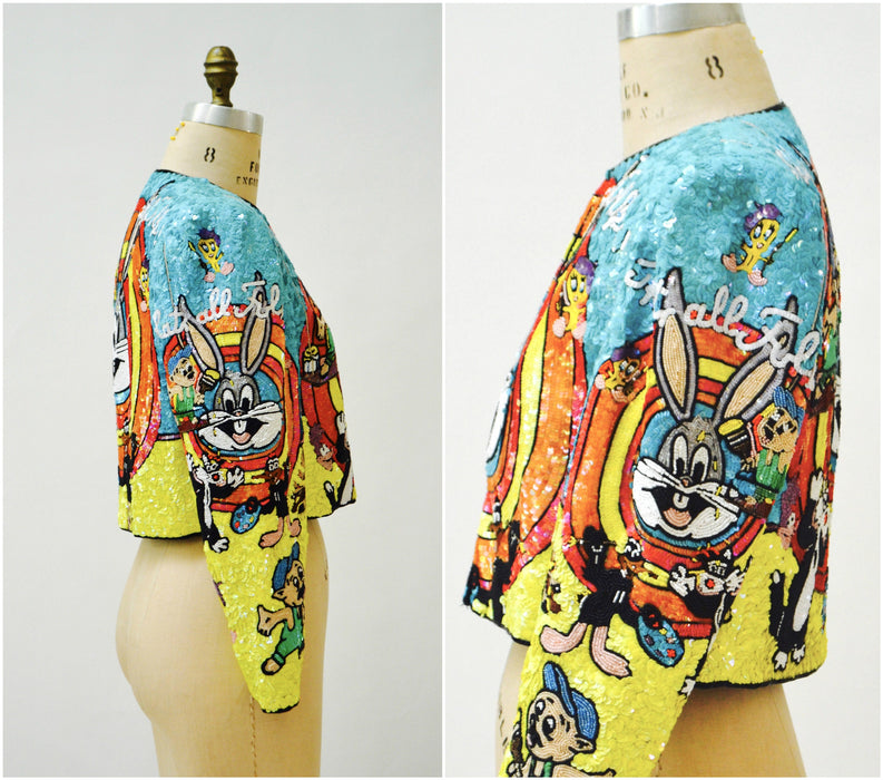 Vintage Jeanette Kastenberg Platinum Sequin Jacket Looney Tunes Bugs Bunny Warner Brothers Cartoon Comic Beaded Jacket Small