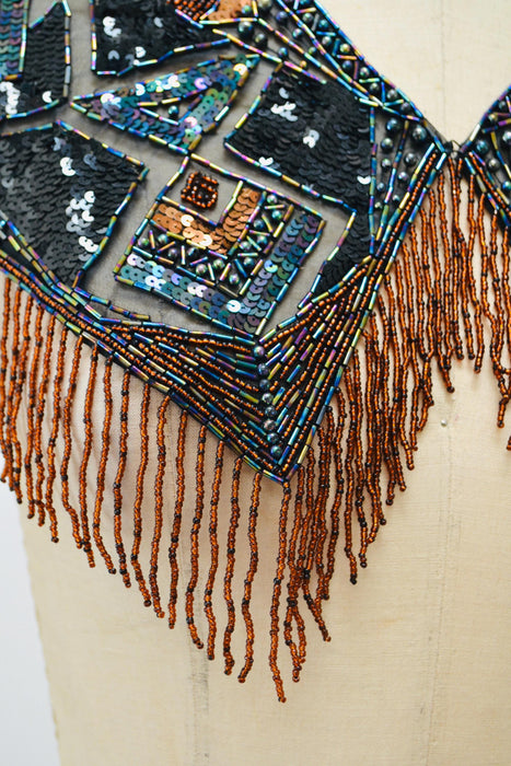 90s Vintage Beaded Fringe Shawl Wrap Burlesque Wedding Flapper Brown Black Metallic Beaded Vintage Fringe Collar Shawl Showgirl Festival