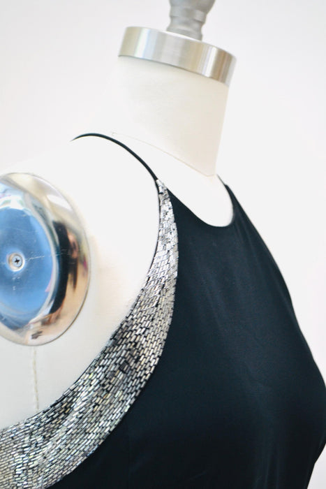 90s 2000s Y2K Vintage Black Evening Dress Gown Black Y2K Prom dress Long Black Tank dress with Silver Beading Cache Party Dress Small Medium