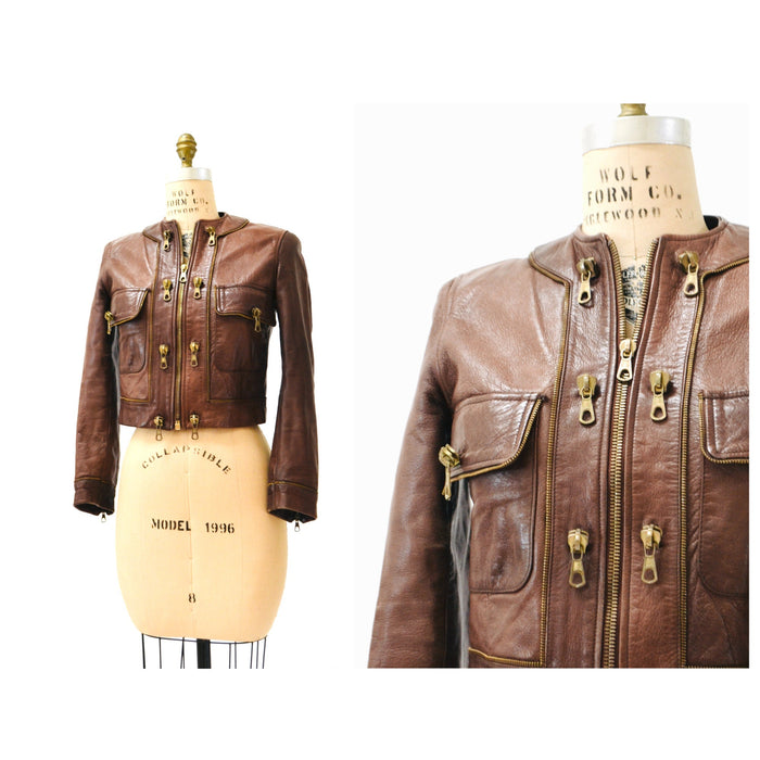 80s 90s Vintage Moschino Brown Leather Jacket With Zipper Trim Cheap and Chic Made in Italy// 80s Browns Leather Jacket Biker Medium Large