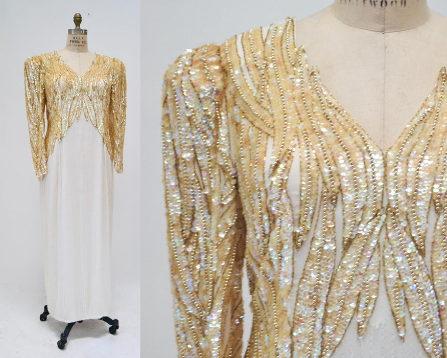 80s 90s Vintage off white Silver Cream Beaded Sequin Dress Gown Medium Pageant Wedding Party Dress Large White Beaded Dress