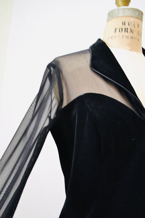 90s Vintage Sheer Black Velvet Top 90s Party Sheer long Sleeve Top Medium Large // 90s Sheer Mesh Velvet Party Shirt Tadashi Inspired Top