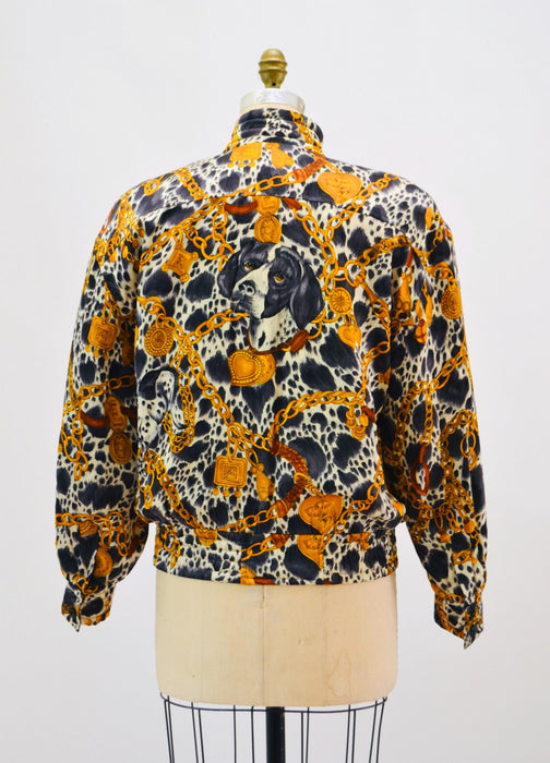 80s 90s Escada Jacket Vintage Silk Animal Dog Dalmatian Print Jacket Vintage Dog Jacket// Vintage Dog Print Bomber Jacket Escada Scarf Print