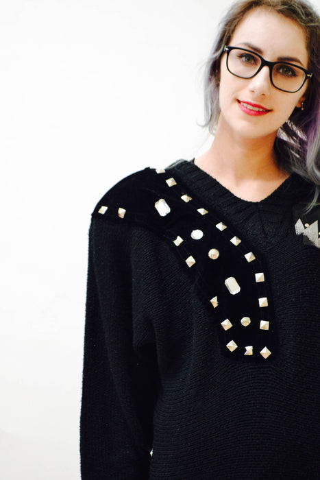 Vintage 80s Black Sweater Metallic studs rhinestones and faux leather SIze Medium Jumper Pull over 80s Glam Black Sweater